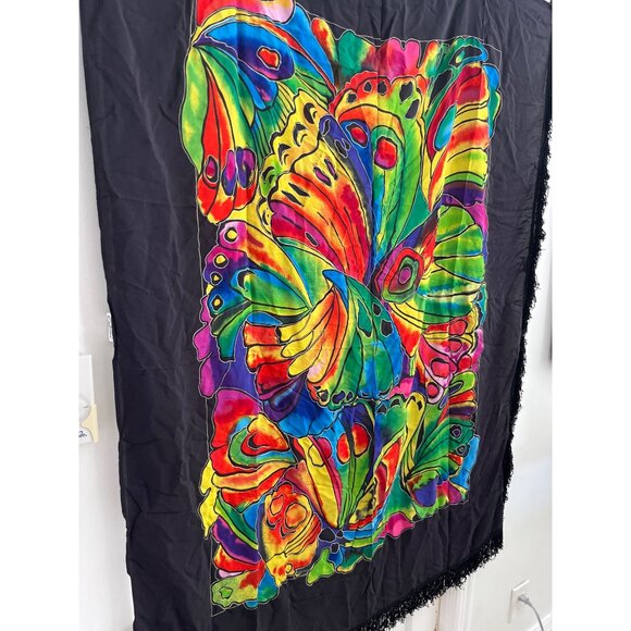 Cazimi Colorful Butterfly Print Sarong Wrap Beach Coverup Black Fringe Edges - Picture 2 of 7